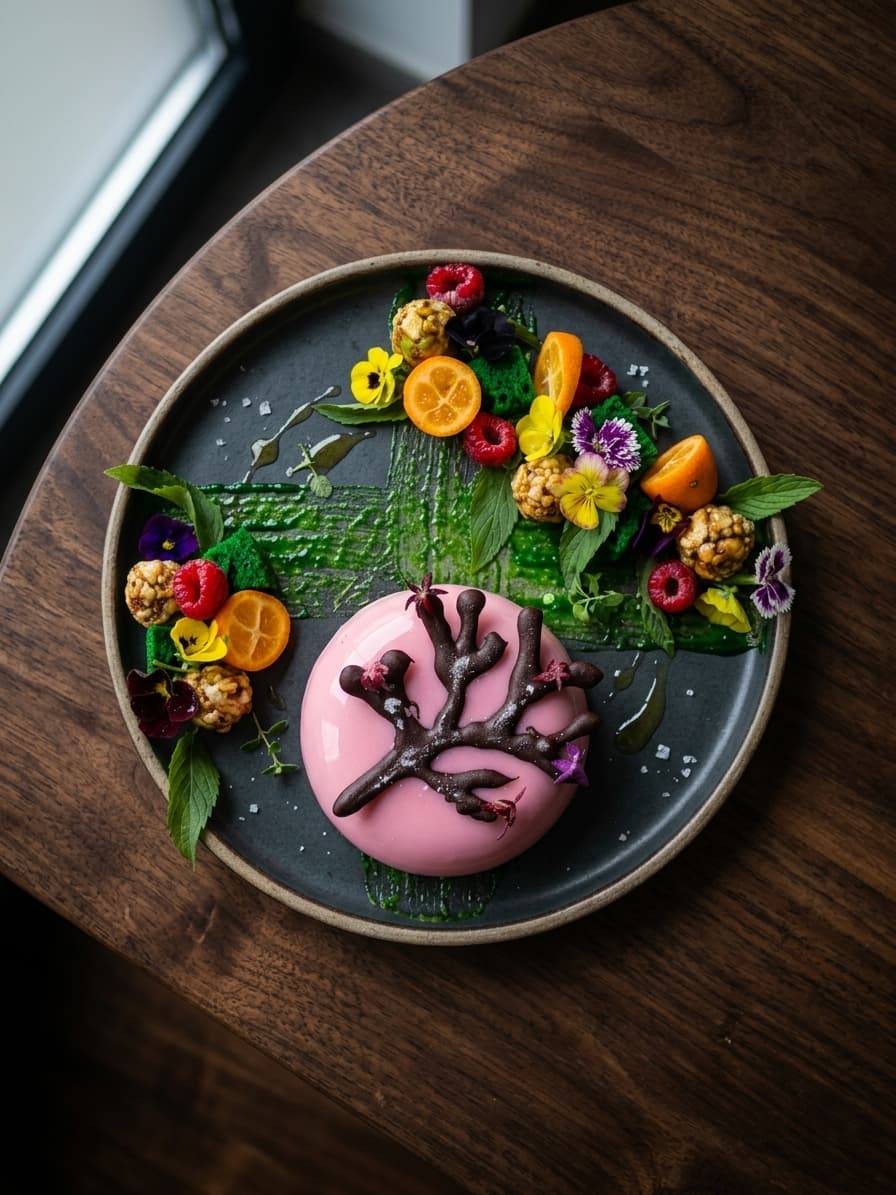 Frenk üzümü mousse tatlısının kuş bakışı sunumu