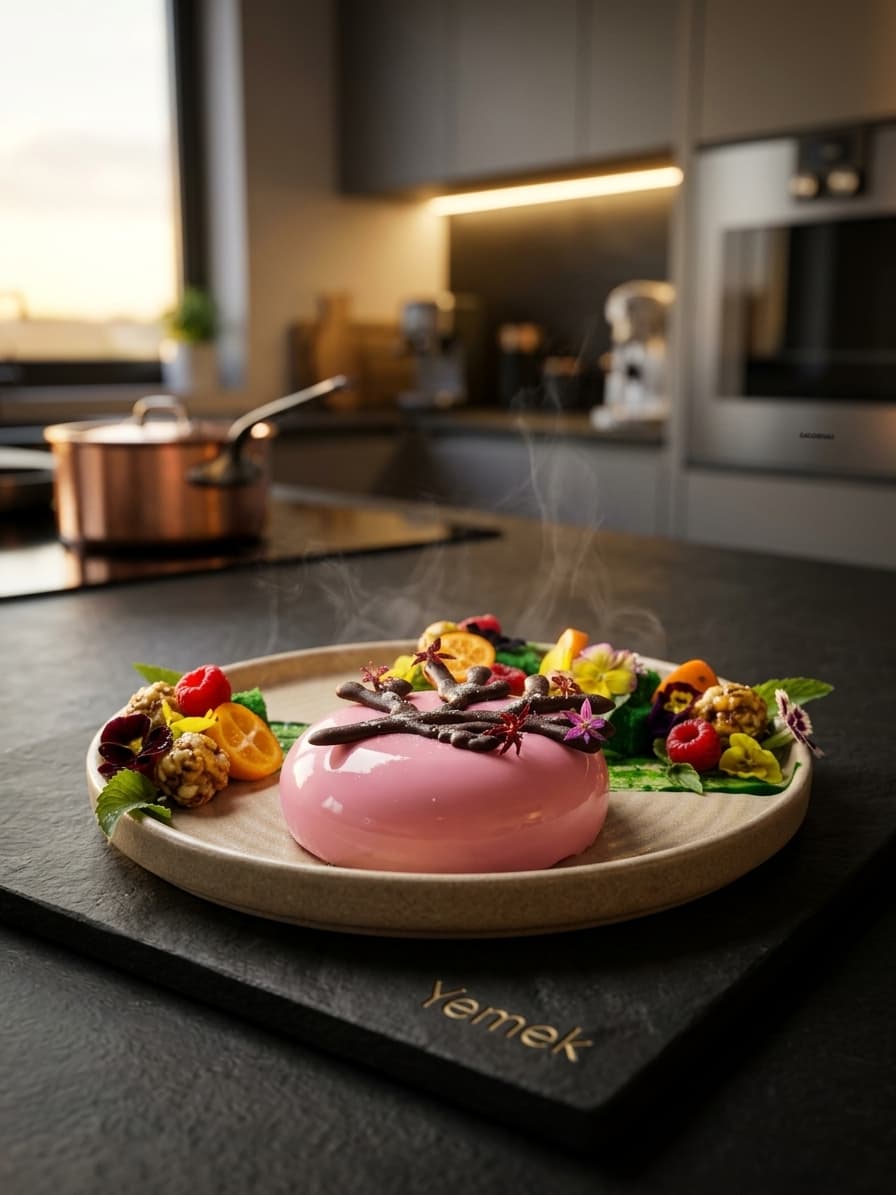 Frenk üzümü mousse tatlısının mutfak ortamında sunumu