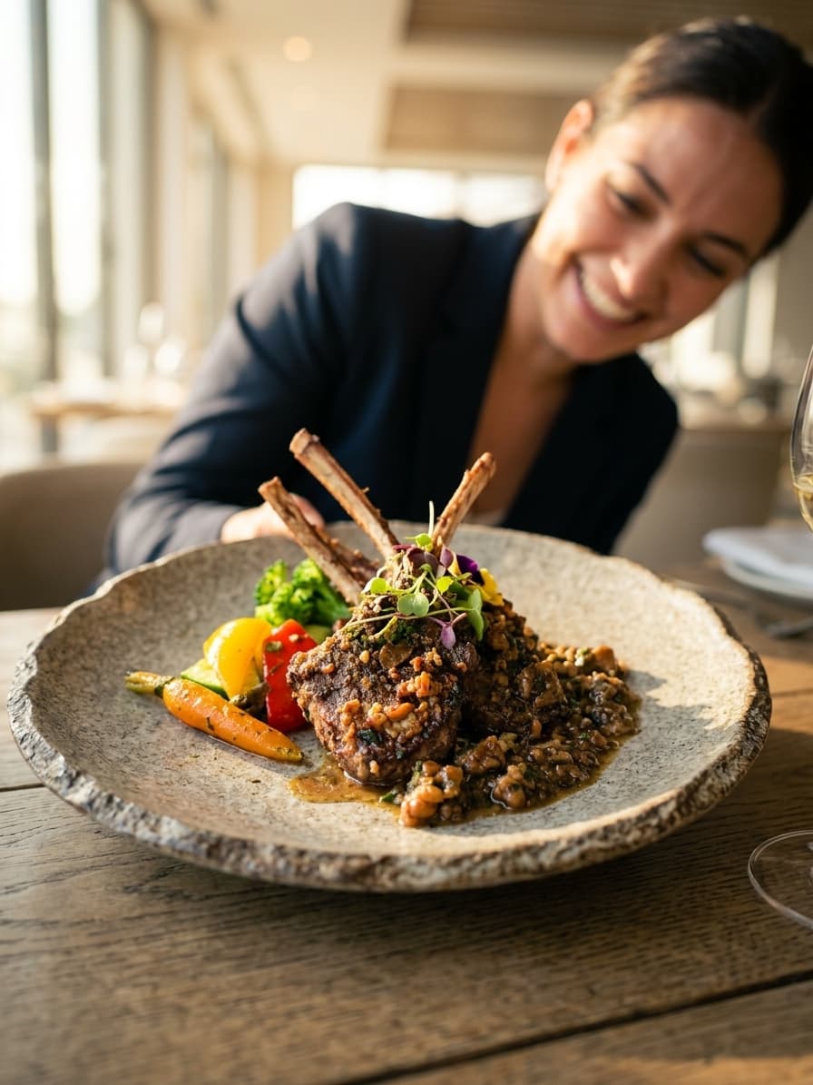 Izgara kuzu pirzolanın restoran ortamında sunumu