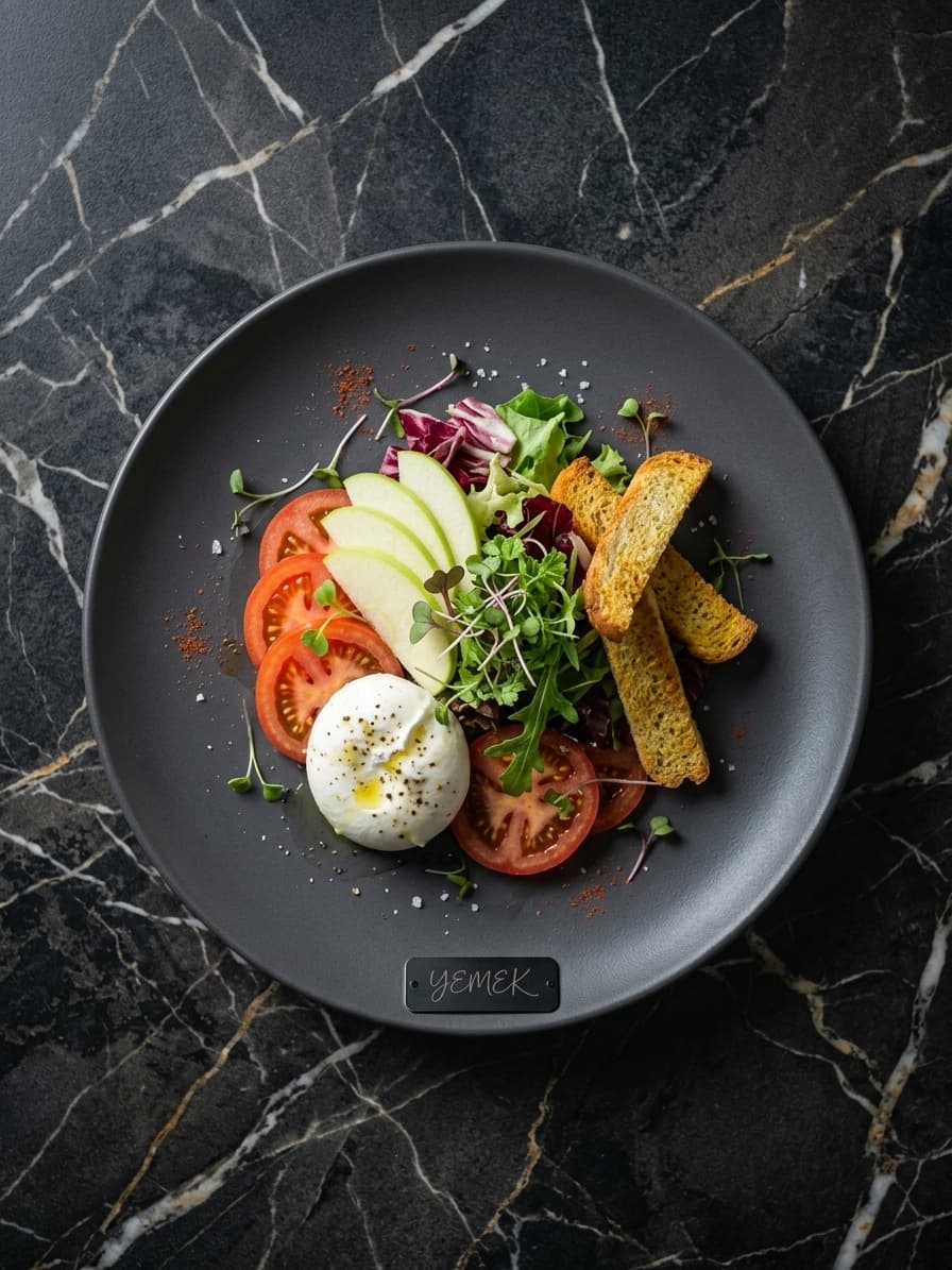 Burrata, domates ve yeşil elmalı salata